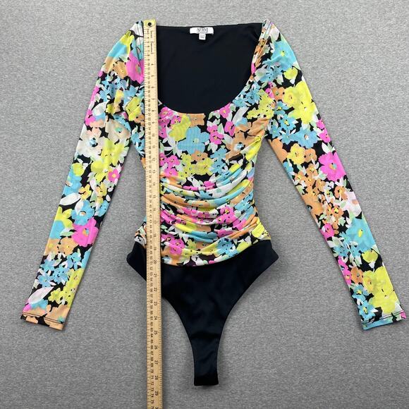 AFRM Bodysuit Womens XS Bright Floral Mesh Ruched Long Sleeve Retro Preppy Rave - Picture 5 of 12